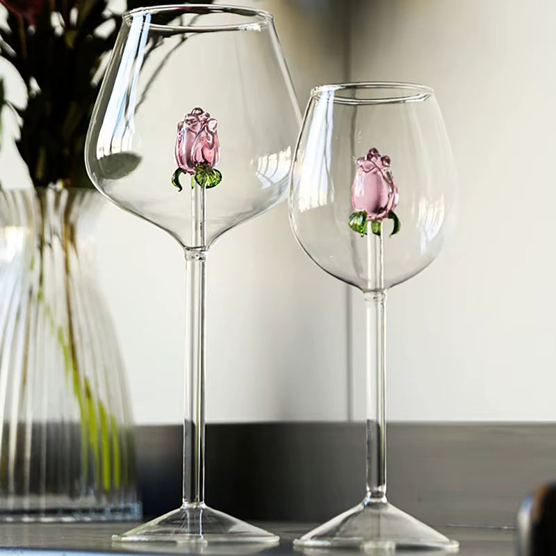 Creative 3D Pink Glass Rose Build-In Red White Wine Glasses Cup Drinkware Goblet Champagne Flute Household Lovely Valentine Gift