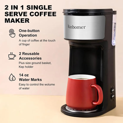 Single Serve Coffee Maker, K Cup and Ground Coffee Machine 2 in 1, 6 to 14 Oz Brew Sizes, Mini One Cup Coffee Maker