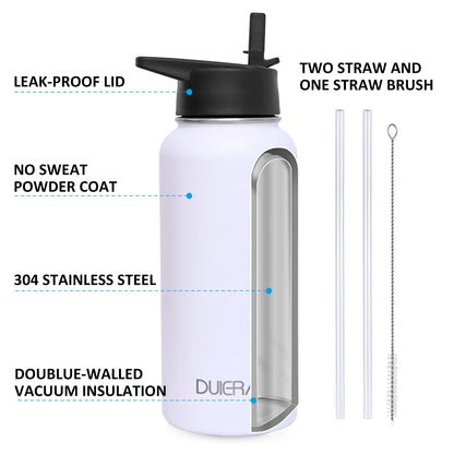 White Water Bottle 32 Oz Stainless Steel Water Bottle 1L Vacuum BPA Free Water Bottle with Straws & Leak Proof Spout Lids & Straw Brush