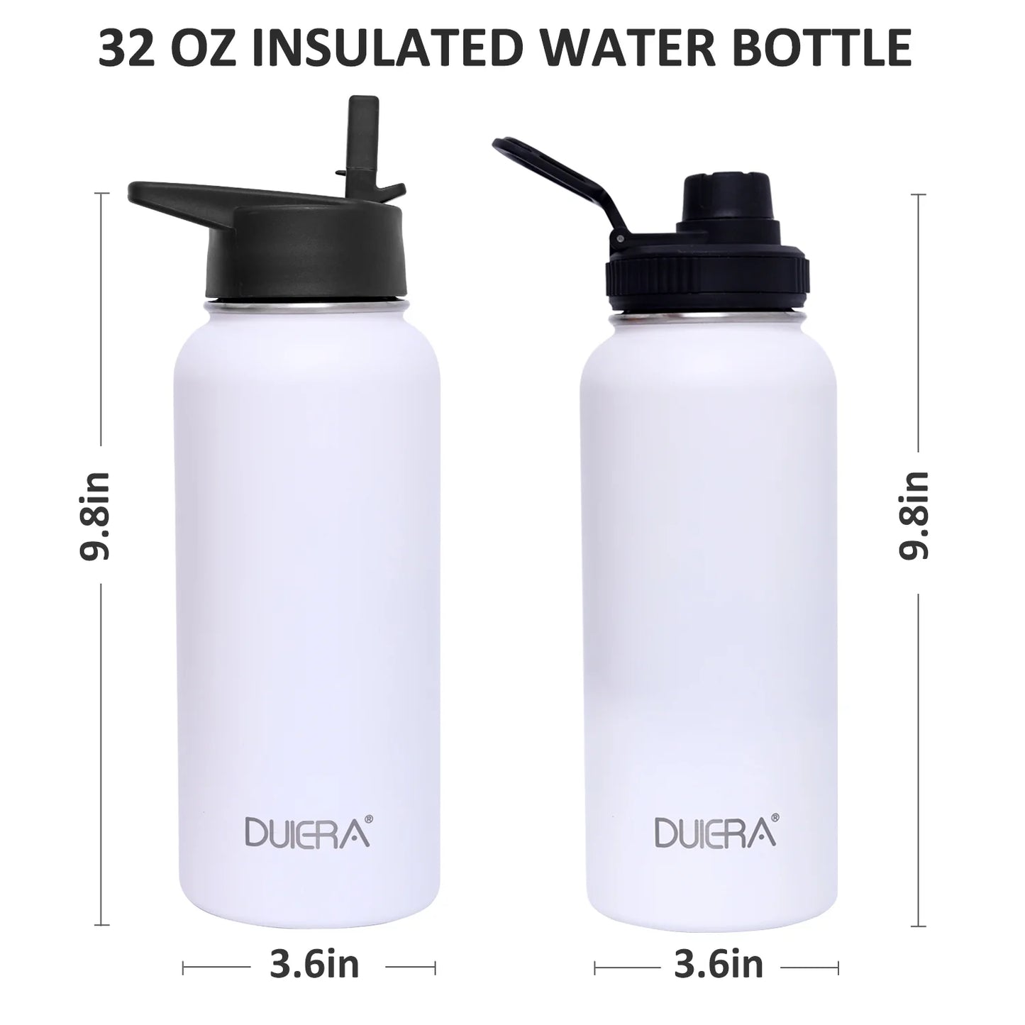 White Water Bottle 32 Oz Stainless Steel Water Bottle 1L Vacuum BPA Free Water Bottle with Straws & Leak Proof Spout Lids & Straw Brush