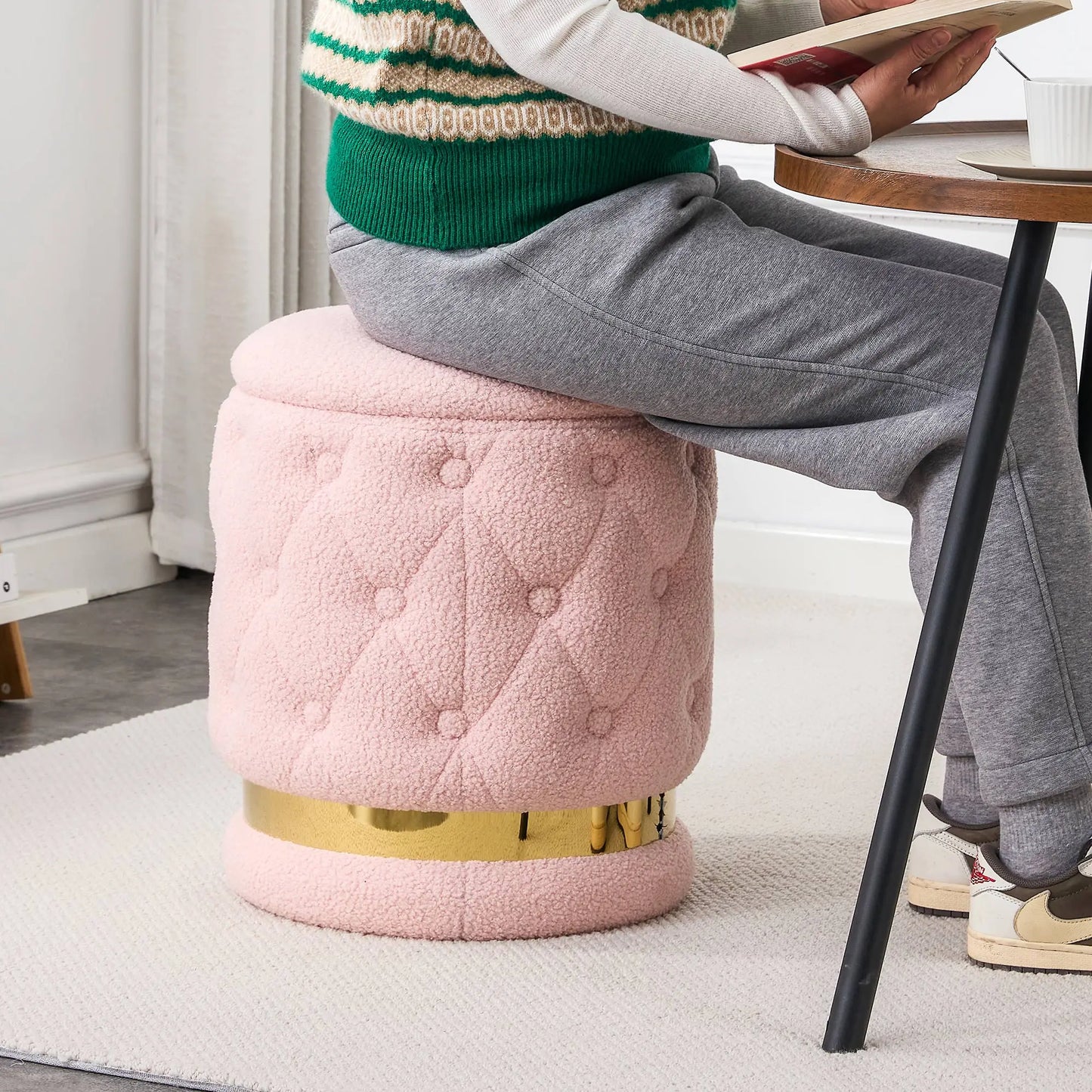 White/Pink Round-Shape Chair Teddy Velvet Makeup Stool Footstool with Storage Space Applicable to Living Room Bedroom Dresser