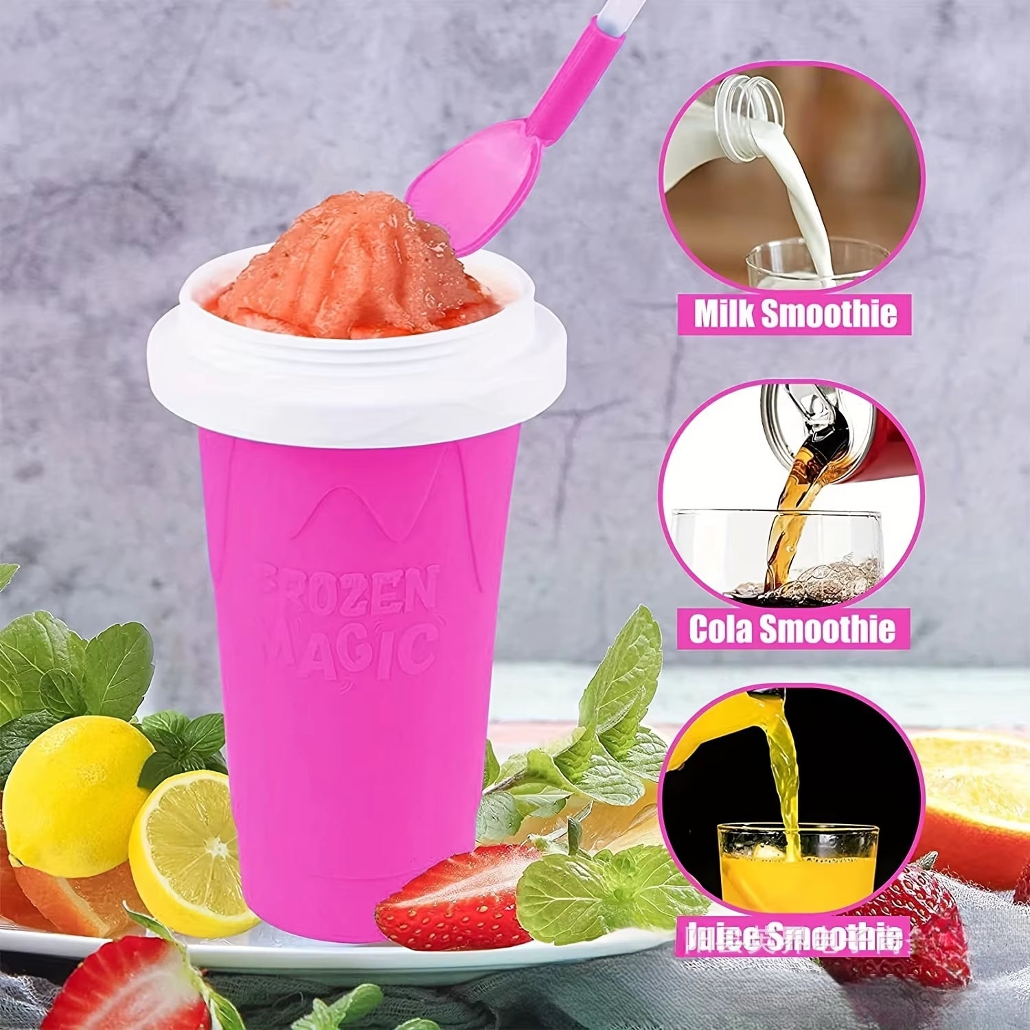 1Pc Portable DIY Squeeze Ice Cream Maker Cup, Summer Magic Smoothie Cup, Family Slushie Makers with Reusable Straw, Easy-To-Fre