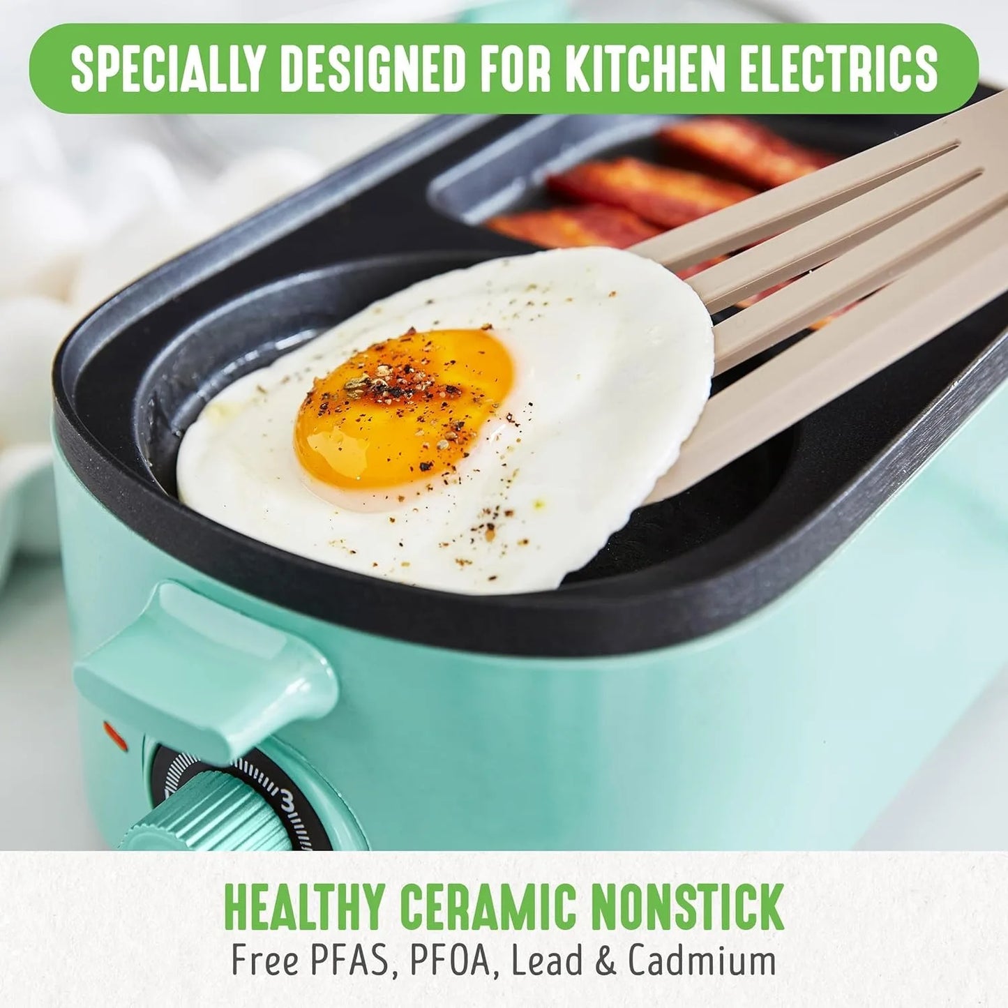 3-In-1 Breakfast Maker Station, Ceramic Nonstick Dual Griddles & Breakfast Sandwiches, 2 Slice Toast Drawer, Turquoise