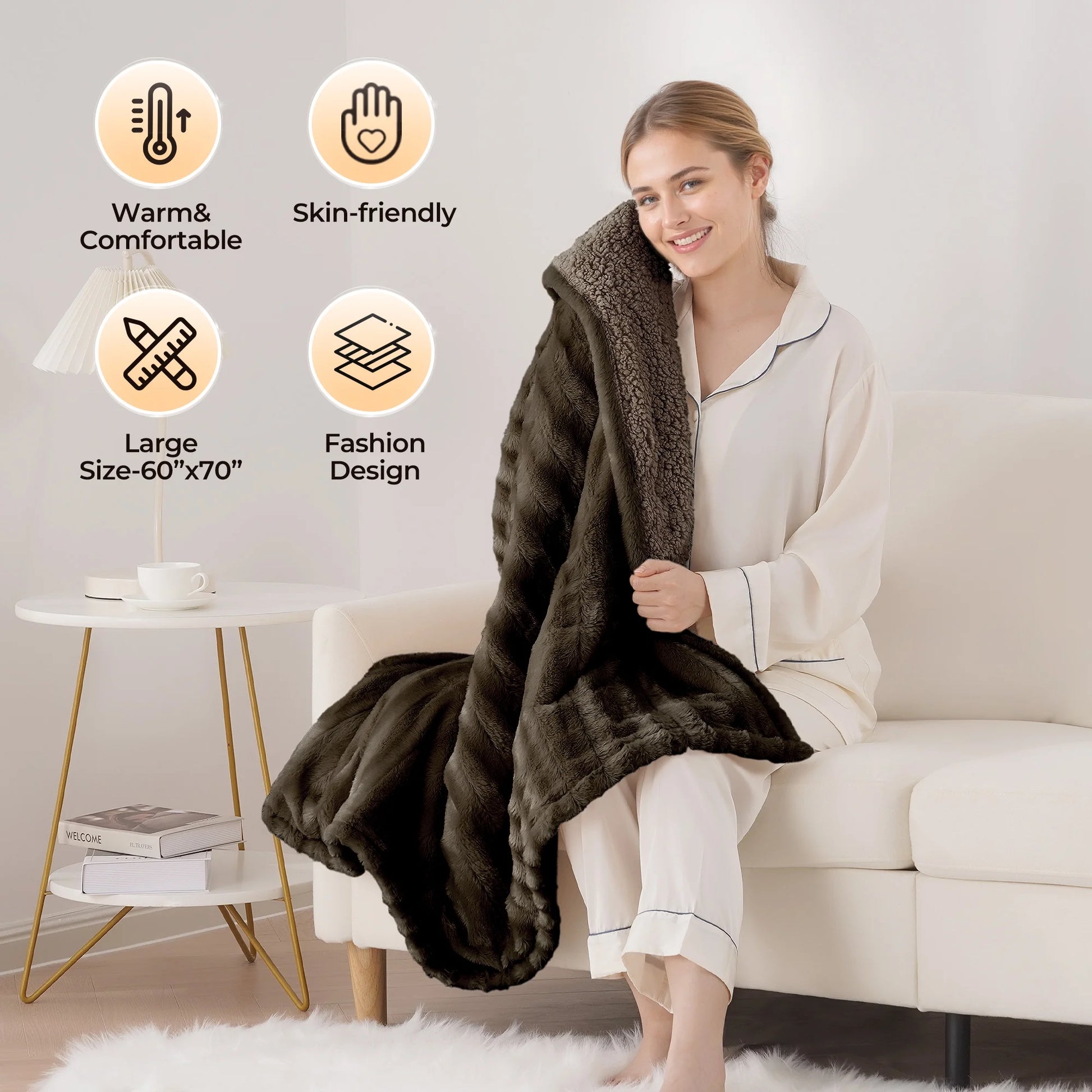 Electric Throw Blanket Extra Large Size, 60" X 70" Soft Faux Fur Heated Blanket, 6 Heating Levels, 4 Hours Timer - Gray