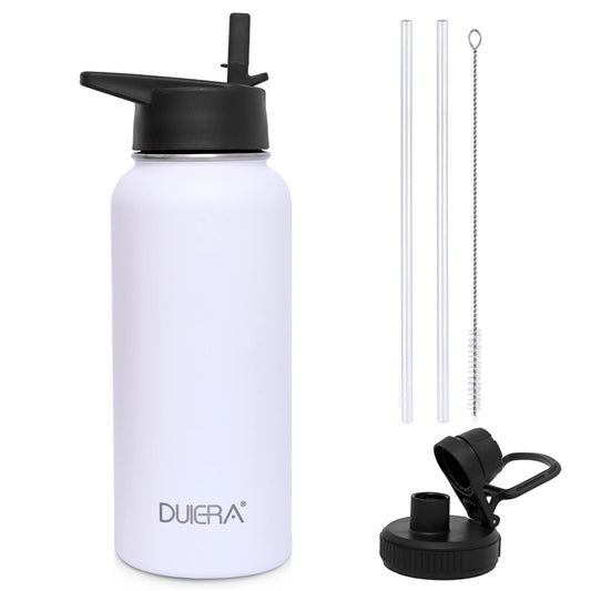 White Water Bottle 32 Oz Stainless Steel Water Bottle 1L Vacuum BPA Free Water Bottle with Straws & Leak Proof Spout Lids & Straw Brush