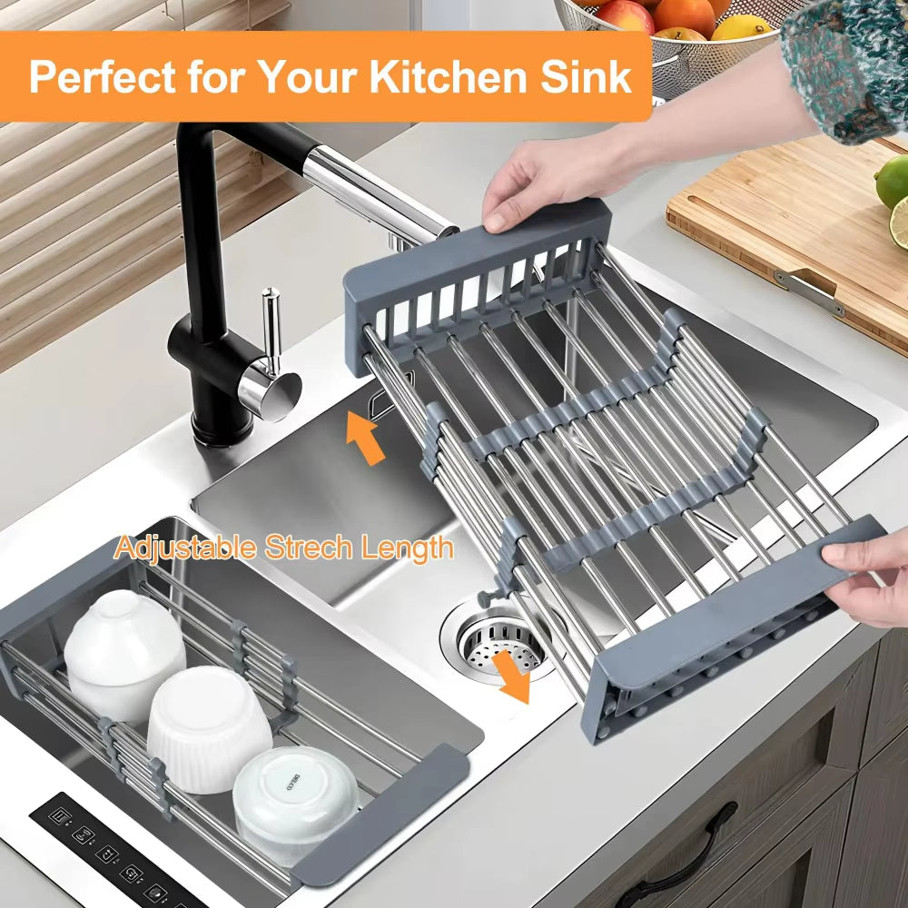 1Pc Kitchen Sink Drain Rack Dish Drain Rack Kitchen Basket Folding Drying Rack Stainless Steel Kitchen Sink Kitchen Washing Dish